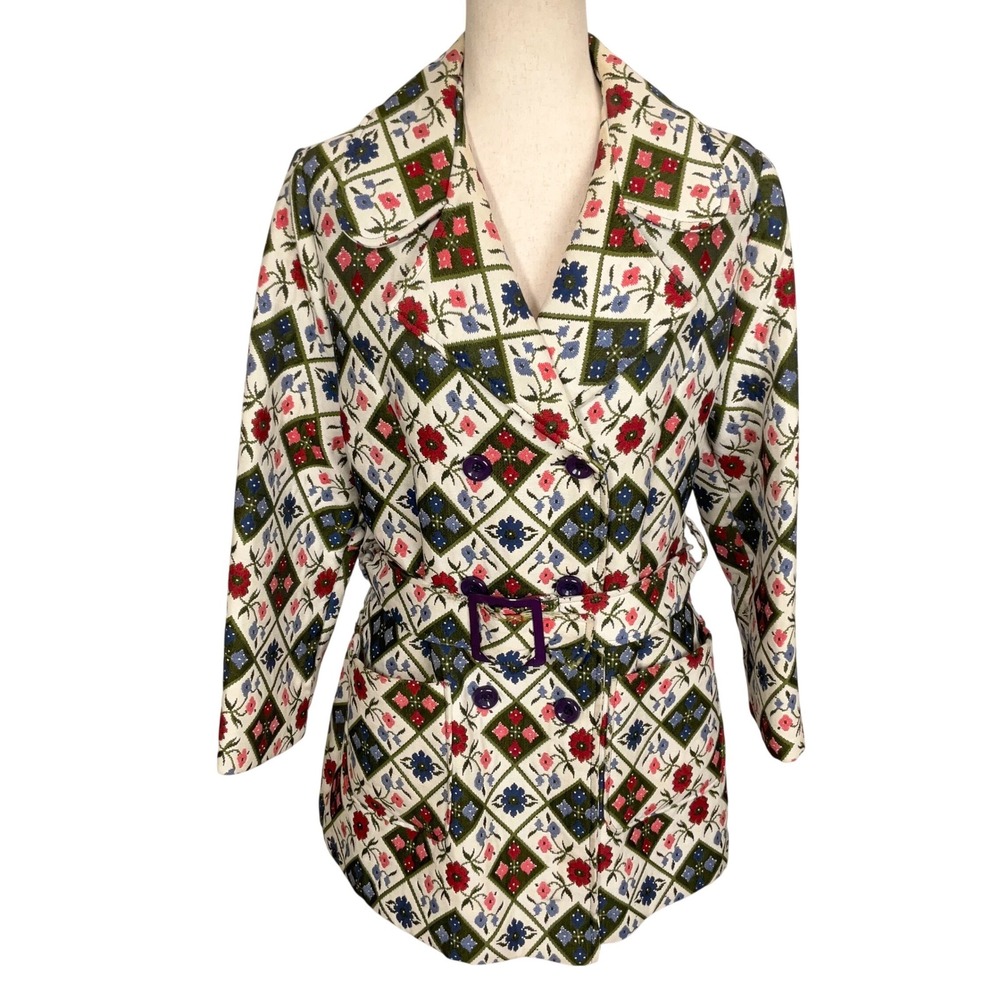 Vintage Trench Coat Women 12 Cream Floral Tapestry Double Breasted 60s Retro VTG